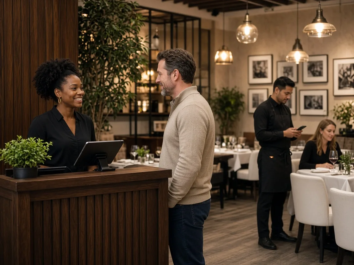 A hostess and a waiter using the same restaurant waitlist